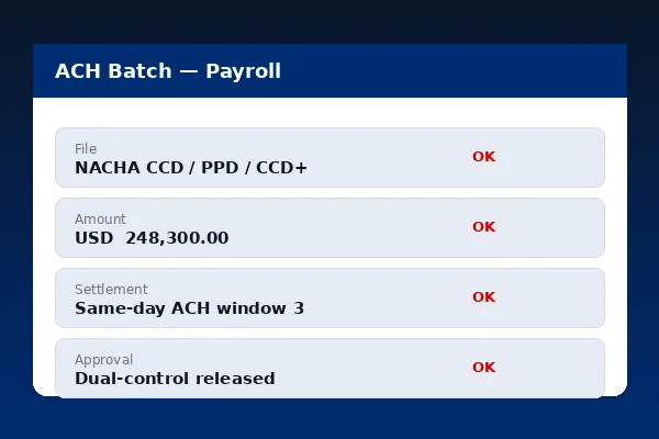 SinglePoint ACH batch origination interface showing NACHA-formatted payroll file ready for same-day settlement